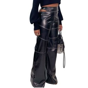 Cut-Out Wide-Leg Faux Leather Pants in Black